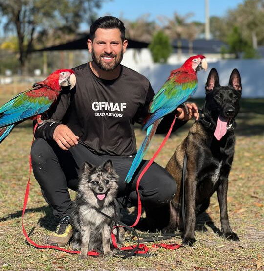 GFMAF trainer posing with two macaws, a German Shepherd, and a small dog at the Wesley Chapel facility